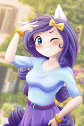 Size: 2000x3000 | Tagged: safe, artist:symbianl, rarity, human, equestria girls, g4, blushing, cute, female, grin, high res, humanized, looking at you, one eye closed, ponied up, pony ears, raribetes, smiling, smiling at you, solo, wink, winking at you