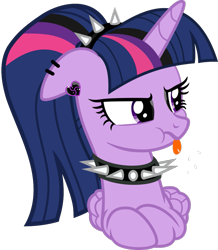 Size: 925x1059 | Tagged: safe, artist:aethon056, editor:severity-gray, twilight sparkle, alicorn, pony, g4, alternate hairstyle, choker, collar, cute, ear piercing, eyeliner, eyeshadow, female, goth, makeup, piercing, raspberry, simple background, solo, tongue out, transparent background, twilight sparkle (alicorn)