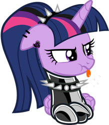 Size: 925x1059 | Tagged: safe, alternate version, artist:aethon056, editor:severity-gray, twilight sparkle, alicorn, pony, g4, alternate hairstyle, choker, collar, cute, ear piercing, eyeliner, eyeshadow, female, goth, latex, latex suit, makeup, piercing, raspberry, simple background, solo, spiked collar, tongue out, transparent background, twilight sparkle (alicorn)