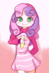 Size: 1020x1530 | Tagged: safe, artist:drantyno, sweetie belle, human, equestria girls, g4, banana, clothes, dress, eating, female, food, solo