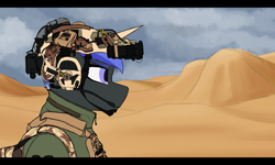Size: 2660x1592 | Tagged: safe, artist:syntiset, oc, oc only, oc:pixel shield, unicorn, anthro, anthro oc, armor, backpack, bags, camouflage, clothes, colored sketch, commission, desert, goggles, headphones, helmet, horn, jacket, looking at something, microphone, military, military uniform, multicolored hair, multicolored mane, night vision goggles, plate carrier, sketch, solo, tactical, unicorn oc, uniform