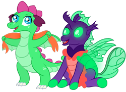 Size: 2800x2036 | Tagged: safe, artist:sweetielover, oc, oc only, oc:goldigony, oc:sparkly emerald, changedling, changeling, dragon, 2022 community collab, derpibooru community collaboration, changeling oc, clothes, dragoness, female, glowing, green changeling, happy, high res, male, one-piece swimsuit, simple background, sitting, standing, swimsuit, towel, transparent background