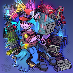 Size: 1300x1300 | Tagged: safe, artist:freak-side, izzy moonbow, pony, unicorn, g5, my little pony: a new generation, bandaid, boots, bracelet, cap, clothes, computer, cyberpunk, device, female, game boy, glowing, hacker, hat, headset, jewelry, keyboard, laptop computer, mare, monitor, pants, phone, printer, screwdriver, shirt, shoes, solo, sunglasses, sunglasses on head, t-shirt, tattoo, technology, tools, turned head, wrench