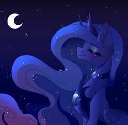Size: 2048x2001 | Tagged: safe, artist:tessa_key_, princess luna, alicorn, pony, crescent moon, eyebrows, eyebrows visible through hair, eyes closed, grin, high res, moon, smiling, solo