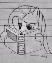 Size: 1730x2074 | Tagged: safe, artist:jonoba, fluttershy, pony, g4, book, lined paper, reading, solo, traditional art