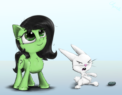 Size: 1550x1216 | Tagged: safe, artist:chopsticks, angel bunny, boulder (g4), oc, oc:filly anon, earth pony, pony, g4, angel bunny is not amused, chest fluff, cute, ear fluff, female, filly, looking up, ocbetes, simple background, unshorn fetlocks