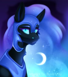 Size: 3641x4096 | Tagged: safe, artist:buvanybu, nightmare moon, pony, g4, ethereal mane, eyebrows, female, helmet, looking at you, mare, missing horn, slit pupils, solo