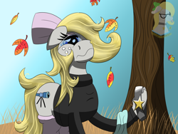 Size: 1600x1200 | Tagged: safe, artist:gray star, derpibooru exclusive, oc, oc only, oc:gray star, autumn, bow, clothes, collar, glasses, leaves, scarf, socks, sweater, teary eyes, tree, turtleneck