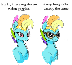 Size: 733x664 | Tagged: safe, artist:mike, rainbow dash, earth pony, pony, g4, female, g5 concept leaks, goggles, mare, meme, ponified meme, race swap, simple background, white background