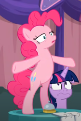 Size: 354x527 | Tagged: safe, screencap, pinkie pie, twilight sparkle, alicorn, earth pony, pony, a trivial pursuit, g4, season 9, bags under eyes, bell, bipedal, cropped, duo, faic, pinkie pie is not amused, table, twilight sparkle (alicorn)