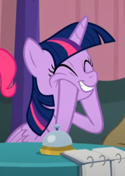 Size: 332x466 | Tagged: safe, screencap, twilight sparkle, alicorn, pony, a trivial pursuit, g4, season 9, cropped, cute, eyes closed, hooves on cheeks, smiling, solo, squishy cheeks, twiabetes, twilight sparkle (alicorn)