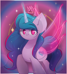Size: 2000x2200 | Tagged: safe, artist:miryelis, izzy moonbow, pony, g5, my little pony: a new generation, artificial wings, augmented, crown, cute, gradient background, gradient mane, high res, horn, looking at you, magic, magic wings, smiling, smiling at you, solo, stars, wings