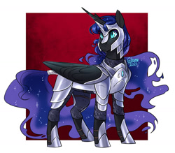 Size: 1280x1120 | Tagged: safe, artist:cosmalumi, nightmare moon, princess luna, alicorn, pony, g4, armor, boots, chainmail, female, helmet, mare, red background, shoes, simple background, slit pupils, solo, tail, tail wrap