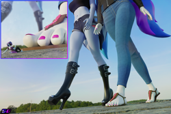Size: 3840x2560 | Tagged: safe, artist:shadowboltsfm, oc, oc only, oc:inkwell stylus, oc:maple cake, oc:midnight grave, anthro, plantigrade anthro, 3d, blender, boots, breasts, clothes, feet, female, giant anthro, giantess, high heel boots, high heels, high res, jeans, legs, macro, micro, nail polish, not sfm, open-toed shoes, pants, pictures of legs, sandals, shoes, tiny, toenail polish, toes, unaware, walking