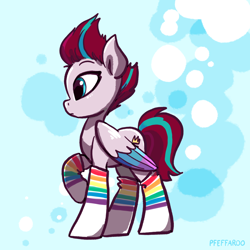 Size: 2048x2048 | Tagged: safe, artist:pfeffaroo, zipp storm, pegasus, pony, g5, my little pony: a new generation, abstract background, clothes, female, high res, mare, profile, raised hoof, socks, solo, standing, striped socks, wings
