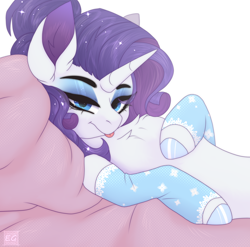Size: 2088x2060 | Tagged: safe, artist:elektra-gertly, rarity, pony, unicorn, g4, :p, bedroom eyes, chest fluff, clothes, female, high res, lying down, mare, on back, simple background, socks, solo, stockings, thigh highs, tongue out, white background