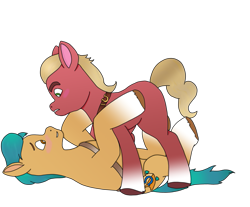 Size: 937x777 | Tagged: safe, artist:secret170193, hitch trailblazer, sprout cloverleaf, earth pony, pony, g5, my little pony: a new generation, blushing, coat markings, eye contact, gay, hitchsprout, looking at each other, lying down, male, maledom, malesub, on back, shipping, simple background, socks (coat markings), stallion, stallion on stallion, submissive, transparent background, unshorn fetlocks