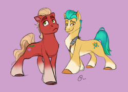 Size: 1280x926 | Tagged: safe, artist:aversiespabilas, hitch trailblazer, sprout cloverleaf, earth pony, pony, g5, my little pony: a new generation, colored sketch, dreamworks face, duo, duo male, male, pink background, simple background, stallion, standing