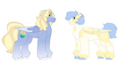 Size: 1280x640 | Tagged: safe, artist:itstechtock, oc, oc:daffodil, oc:skywriter, pegasus, pony, female, mare, offspring, parent:helia, parent:stormbreaker, simple background, white background