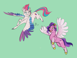Size: 1280x961 | Tagged: safe, artist:aversiespabilas, pipp petals, zipp storm, pegasus, pony, g5, my little pony: a new generation, colored sketch, duo, duo female, female, flying, looking at each other, looking at someone, mare, siblings, simple background, sisters, wings