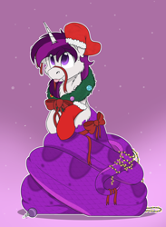 Size: 2136x2920 | Tagged: safe, alternate character, alternate version, artist:rokosmith26, oc, oc only, oc:curiosity cosmos, lamia, original species, snake, snake pony, bow, cheek fluff, christmas, christmas lights, christmas stocking, christmas wreath, clothes, commission, fangs, floppy ears, gradient background, high res, holiday, horn, leggings, looking up, male, one ear down, ribbon, scales, simple background, sitting, smiling, snake tail, solo, sweat, sweatdrop, tail, tongue out, tooth, unicorn horn, wreath, ych result
