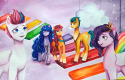 Size: 1280x820 | Tagged: safe, artist:kirassu, hitch trailblazer, izzy moonbow, pipp petals, sunny starscout, zipp storm, earth pony, pegasus, pony, unicorn, g5, my little pony: a new generation, cloud, female, group, male, mane five, mare, photo, rainbow, redraw, stallion, traditional art, watercolor painting