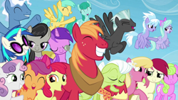 Size: 1920x1080 | Tagged: safe, screencap, amethyst star, apple bloom, big macintosh, cloudchaser, daisy, dj pon-3, flitter, flower wishes, granny smith, lily, lily valley, octavia melody, pokey pierce, roseluck, scootaloo, sparkler, spring melody, sprinkle medley, sunshower raindrops, sweetie belle, thunderlane, vinyl scratch, earth pony, pegasus, pony, unicorn, g4, season 5, the cutie re-mark, ^^, background pony, cute, cutie mark crusaders, eyes closed, female, filly, flower trio, foal, friends are always there for you, grin, happy, lidded eyes, male, mare, open mouth, ponies standing next to each other, smiling, stallion