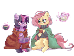 Size: 4300x3300 | Tagged: safe, artist:colorbrush, fluttershy, twilight sparkle, pegasus, pony, g4, blanket, blush sticker, blushing, book, cheek fluff, clothes, cozy, duo, ear fluff, female, food, glowing, glowing horn, heart eyes, high res, hoof hold, horn, hot drink, levitation, looking at each other, looking at someone, magic, mare, mug, raised hoof, simple background, sitting, smiling, sweater, sweatershy, tea, teapot, telekinesis, white background, wingding eyes