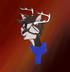 Size: 1280x1321 | Tagged: safe, artist:aurorakins, oc, oc only, oc:devo, deer, deer pony, original species, antlers, clothes, deer oc, looking at you, one eye closed, scarf, solo, wink, winking at you