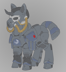 Size: 911x1000 | Tagged: safe, artist:evvyenvy, oc, oc only, oc:ottomatic, earth pony, pony, fallout equestria, armor, armored pony, faded paint, fallout, fallout equestria: all things unequal, fallout equestria:all things unequal (pathfinder), male, pathfinder, power armor, prosthetic horn, prosthetics, soldier, solo, stallion, t-65 power armor