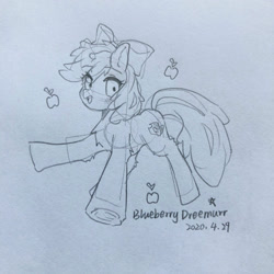 Size: 1680x1680 | Tagged: safe, artist:blueberry954, apple bloom, earth pony, pony, g4, apple, female, filly, food, sketch, solo
