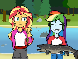 Size: 640x480 | Tagged: safe, artist:scraggleman, rainbow dash, sunset shimmer, fish, equestria girls, g4, :i, eyes closed, forest, grin, river, smiling, sunset shimmer is not amused, unamused