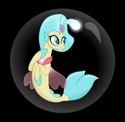Size: 720x707 | Tagged: safe, artist:carlosuriel13, princess skystar, seapony (g4), g4, my little pony: the movie, black background, blue eyes, blue mane, bubble, clothes, dorsal fin, female, fin wings, fins, fish tail, flower, flower in hair, flowing tail, freckles, glowing, in bubble, jewelry, necklace, pearl necklace, see-through, simple background, smiling, solo, tail, wings
