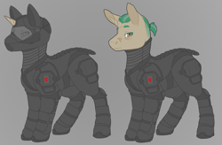 Size: 1103x723 | Tagged: safe, artist:evvyenvy, oc, oc only, oc:chromium casing, pony, unicorn, fallout equestria, armor, armored pony, eyebrows, fallout, fallout equestria: all things unequal, fallout equestria:all things unequal (pathfinder), female, green mane, mare, pathfinder, scar, solo, stealth suit, tied mane, torn ear