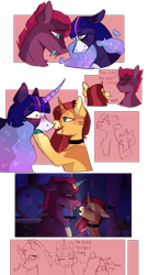 Size: 1080x2000 | Tagged: safe, artist:winter-crispy, fizzlepop berrytwist, sunset shimmer, tempest shadow, twilight sparkle, alicorn, pony, unicorn, g4, alternate design, bedroom eyes, blushing, choker, crystal horn, curved horn, ethereal mane, fangs, female, horn, lesbian, looking at each other, looking at someone, mare, polyamory, ship:sunsetsparkle, ship:tempestlight, shipping, starry mane, tempest gets her horn back, tempestlightshimmer, tempestshimmer, twilight sparkle (alicorn)