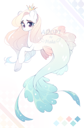Size: 2300x3500 | Tagged: safe, artist:uni-honey, oc, oc only, seapony (g4), adoptable, auction, crown, dorsal fin, female, fins, fish tail, flowing mane, flowing tail, high res, jewelry, looking at you, regalia, simple background, smiling, smiling at you, solo, sparkles, tail, watermark, white background