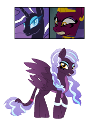 Size: 593x705 | Tagged: safe, artist:tragedy-kaz, rarity, oc, hybrid, pony, unicorn, g4, base used, interspecies offspring, magical lesbian spawn, makeup, offspring, parent:nightmare rarity, parent:the sphinx, screencap reference, simple background, smiling, transparent background