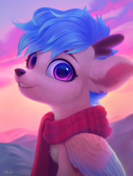 Size: 2502x3316 | Tagged: safe, artist:imalou, oc, oc only, oc:streamline, deer, deer pony, original species, peryton, antlers, bust, clothes, commission, female, high res, looking at you, scarf, smiling, solo