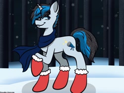Size: 1920x1440 | Tagged: safe, artist:doodle-hooves, oc, oc only, oc:solar gizmo, pony, unicorn, blue eyes, clothes, commission, cute, eyebrows, eyebrows visible through hair, gloves, horn, male, mittens, scarf, smiling, snow, snowflake, solo, stallion, tail, two toned mane, two toned tail, unicorn oc, ych result