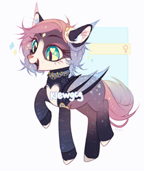 Size: 870x1038 | Tagged: safe, artist:klewgcg, oc, oc only, bat pony, pony, bat pony oc, bat wings, ethereal mane, eyelashes, female, mare, raised hoof, slit pupils, starry mane, wings