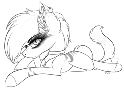 Size: 3361x2410 | Tagged: safe, artist:beamybutt, oc, oc only, earth pony, pony, choker, ear fluff, earth pony oc, eyelashes, female, high res, lineart, lying down, mare, monochrome, prone