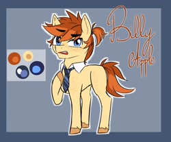 Size: 2900x2400 | Tagged: safe, artist:yumeyuuheii, oc, oc only, oc:billy apple, earth pony, pony, colored hooves, earth pony oc, freckles, high res, male, necktie, offspring, parent:applejack, raised hoof, reference sheet, stallion, story included