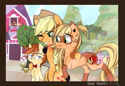 Size: 2697x1853 | Tagged: safe, artist:yumeyuuheii, applejack, oc, oc:arizona apple, oc:billy apple, earth pony, pony, g4, colored hooves, colt, female, hat, male, mare, mother and child, offspring, one eye closed, outdoors, parent:applejack, raised hoof, side hug, sweet apple acres, wink