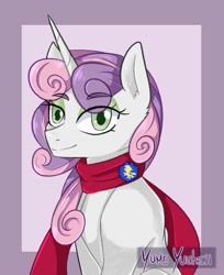 Size: 1632x2000 | Tagged: safe, artist:yumeyuuheii, sweetie belle, pony, g4, abstract background, bust, clothes, eye clipping through hair, eyelashes, female, filly, older, older sweetie belle, scarf, smiling, solo