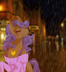 Size: 2641x2880 | Tagged: safe, artist:thepurpah, oc, oc only, earth pony, pony, crying, earth pony oc, high res, jewelry, necklace, outdoors, rain, smiling
