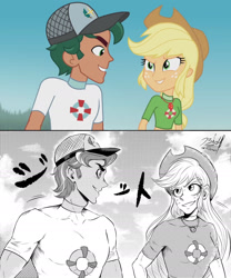 Size: 1280x1536 | Tagged: safe, artist:bidzinha, edit, screencap, applejack, timber spruce, equestria girls, g4, my little pony equestria girls: better together, turf war, clothes, freckles, geode of super strength, hat, lifeguard applejack, lifeguard timber, magical geodes, manga, manga style, onomatopoeia, redraw, rivalry, scene interpretation, screencap reference