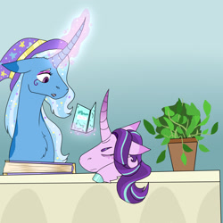 Size: 1280x1280 | Tagged: safe, artist:penultimate-wishes, phyllis, starlight glimmer, trixie, pony, unicorn, g4, curved horn, eyes closed, female, floppy ears, horn, lesbian, philodendron, ship:startrix, shipping, tired