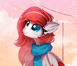 Size: 2060x1748 | Tagged: safe, artist:janelearts, oc, oc:making amends, pegasus, pony, :p, clothes, colored wings, colored wingtips, commission, cute, ear fluff, female, looking up, mare, ocbetes, power line, scarf, sitting, smiling, snow, snowfall, tongue out, wings, ych result