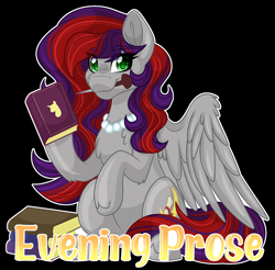 Size: 2479x2441 | Tagged: safe, artist:missbramblemele, oc, oc only, oc:evening prose, pegasus, pony, g4, badge, black background, book, female, freckles, high res, jewelry, mare, necklace, pearl necklace, pegasus oc, simple background, solo, sparkly eyes, wingding eyes