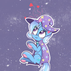 Size: 1244x1244 | Tagged: safe, artist:kqaii, trixie, pony, unicorn, g4, abstract background, blushing, cape, clothes, cute, diatrixes, female, floating heart, frog (hoof), glowing, glowing horn, hat, heart, horn, mare, outline, solo, trixie's cape, trixie's hat, underhoof, white outline